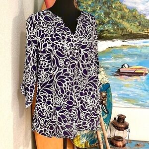 Talbots,Linen Tunic Top,EUC,Beautiful Navy & White Print,1X